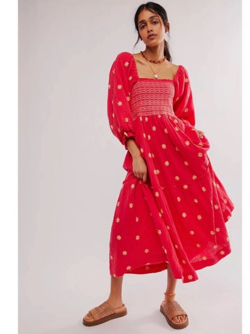 NWT Free People Dahlia Embroidered Maxi Dress Watermelon Pink Large